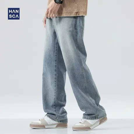 hansca男士牛仔裤春季潮牌美式高街直筒宽松复古水洗休闲百搭长裤商品大图