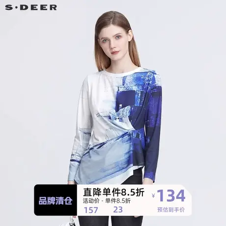 sdeer圣迪奥女装休闲圆领晕染印花不规则长袖T恤S22180219图片