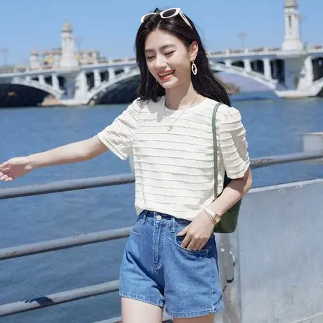 时尚百搭简约短袖T恤2024年夏季新款纹理设计感休闲上衣衬衫商品大图