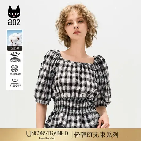 a02【ET自然系列】甜美风泡泡袖格子短袖小衫女2025新款夏季上衣图片