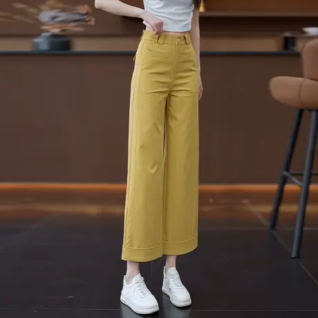 莱赛尔天丝棉休闲阔腿裤女2025夏季薄款时尚翻边九分窄版直筒裤子商品大图