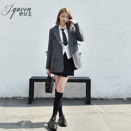 灰色立体蝴蝶结正肩西装外套女春季新款甜美气质百搭减龄韩系西服图片