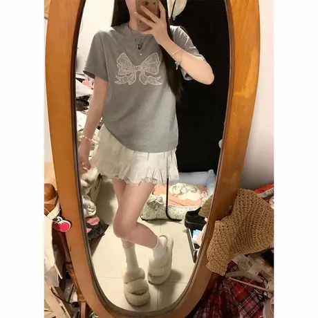 法式甜美蝴蝶结刺绣短袖T恤女夏季韩版宽松显瘦蕾丝边半袖上衣服图片