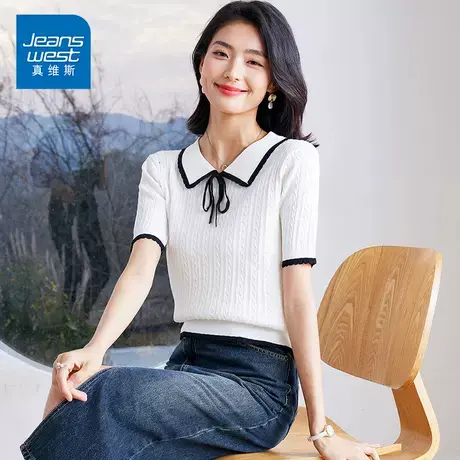 KP真维斯娃娃领花边系带短袖针织衫女2025新款法式气质百搭上衣商品大图