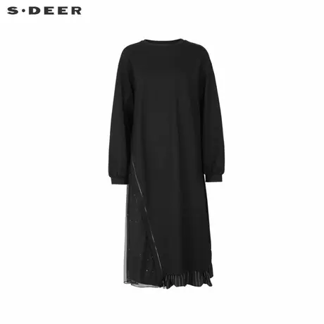 sdeer圣迪奥女装圆领条纹网纱拼接宽松连衣裙S243Z12C5商品大图