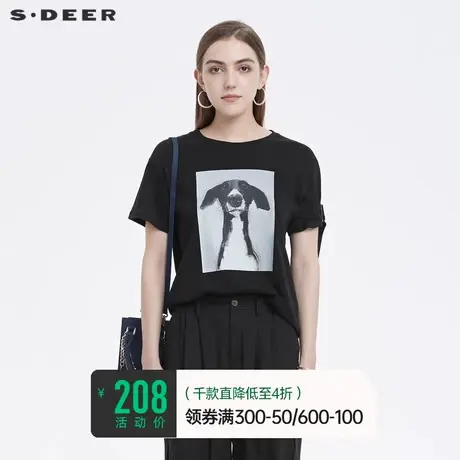 sdeer圣迪奥印花T恤女夏装圆领飘带设计感上衣S22280156🌅商品大图