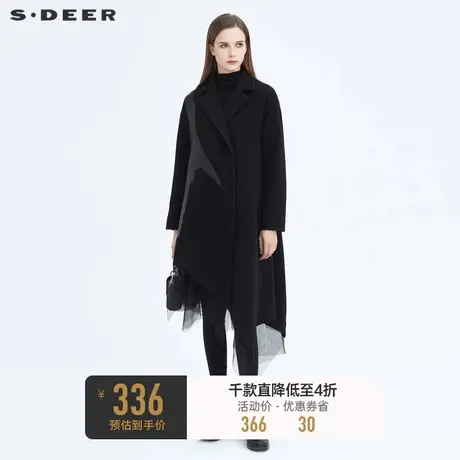 sdeer圣迪奥冬季女装翻领网纱不规则拼接黑色毛呢大衣S20481708🀄商品大图