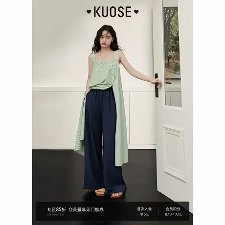 阔色宽松直筒垂感休闲裤女2025夏季新款花苞腰藏蓝色长裤子商品大图