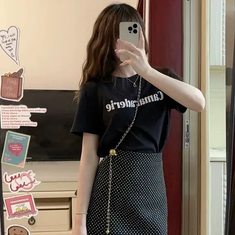 欧美潮牌大码黑色短袖ins宽松t恤女中长款夏季2025年新款字母上衣商品大图