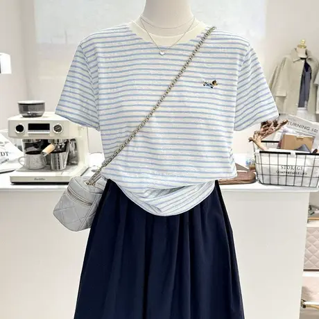 纯棉条纹刺绣小狗夏季新款韩系卡通宽松显瘦短袖打底衫T恤女半袖商品大图