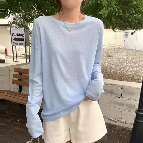 糖果色防晒长袖T恤女2025夏季新款薄款宽松韩版微透空调罩衫上衣图片