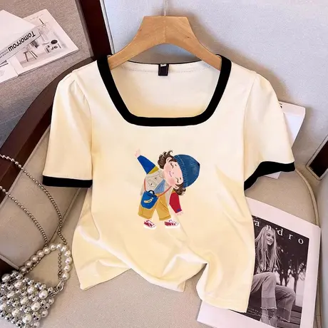 胖mm大方领T恤夏季大码短款女装上衣ins潮韩系慵懒风显瘦小众短袖商品大图