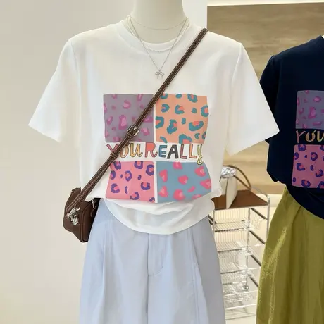 夏款韩系百搭复古方块豹纹字母宽松显瘦短袖雪花棉T恤女上衣内搭商品大图