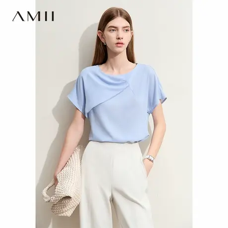 Amii2025夏新款极简纯色圆领连肩小飞袖宽松雪纺衫女款商品大图