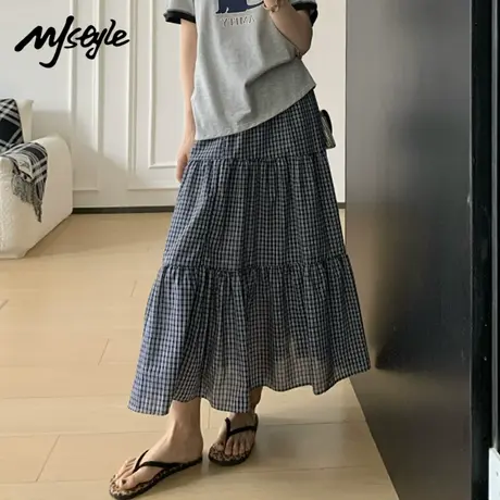 MJ STYLE美式格子半身裙女2025新款夏季高腰显瘦中长款a字大摆裙商品大图