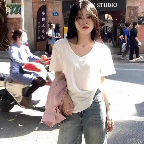 大码纯棉白色正肩U领短袖t恤女2025夏季新款胖mm遮肚子巨显瘦上衣图片