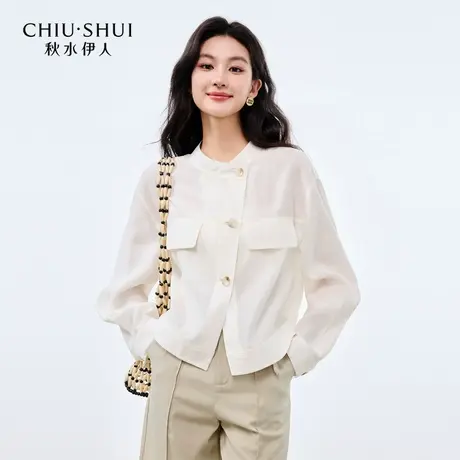 秋水伊人简约圆领轻薄短外套2025夏季新款女舒适H型斜门襟上衣商品大图