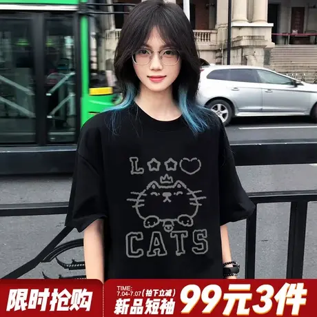 oversize宽松大版显瘦黑色短袖t恤女2025新款街头卡通潮牌上衣夏商品大图