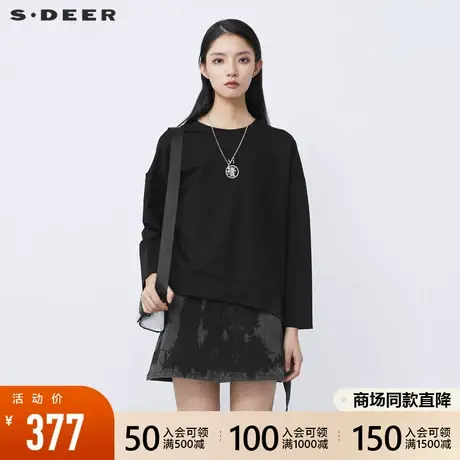 sdeer圣迪奥2021冬新品时尚圆领撞色绣花不规则长袖T恤S21480207🦏商品大图