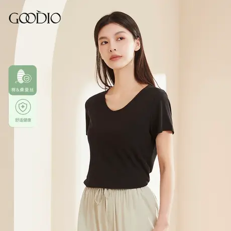 歌帝专柜同款夏季女士t恤上衣短袖修身V领莫代尔桑蚕丝百搭纯色图片