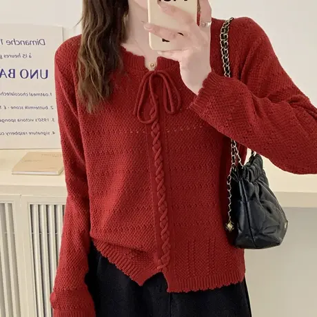 2024新款春秋复古圆领镂空针织衫毛衣外套女别致绝美短款上衣开衫商品大图