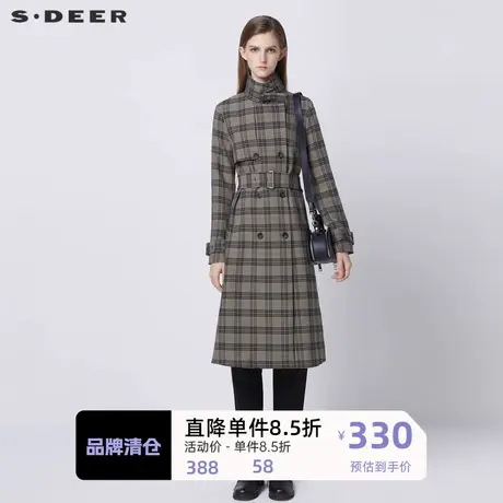 sdeer圣迪奥女装英伦风立领双排扣收腰格纹长款风衣S21381822图片