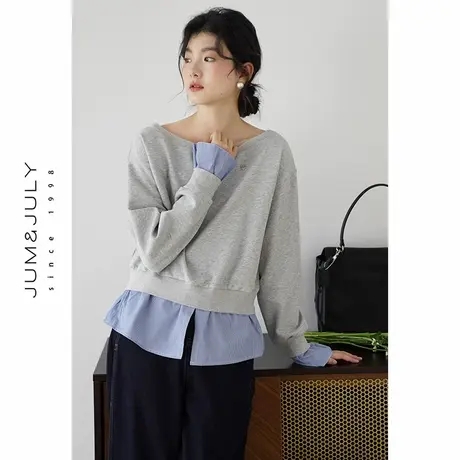 嘉茱莉一字领假两件长袖卫衣女2025春季新款小个子短款显瘦上衣商品大图