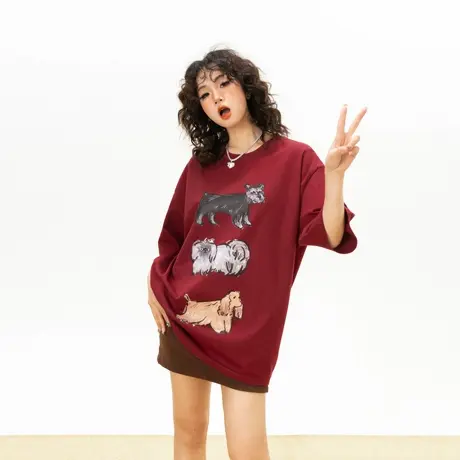 美式狗狗印花酒红色t恤短袖女夏季2025新款复古宽松纯棉半袖上衣图片