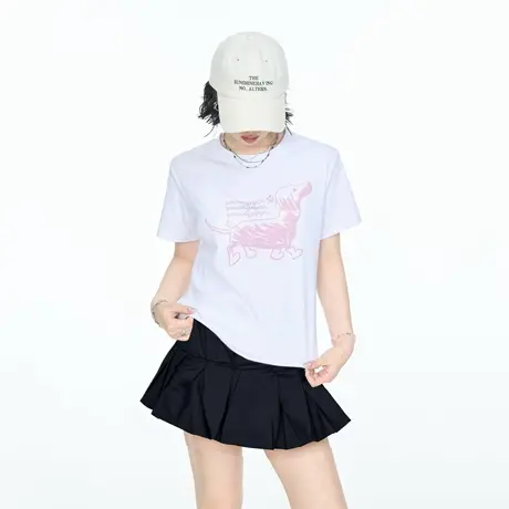 2025夏季正肩短款修身卡通狗狗印花短袖T恤女美式辣妹风显瘦上衣图片