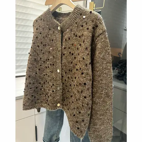 亮片圆领针织开衫女设计感长袖针织外套洋气商品大图