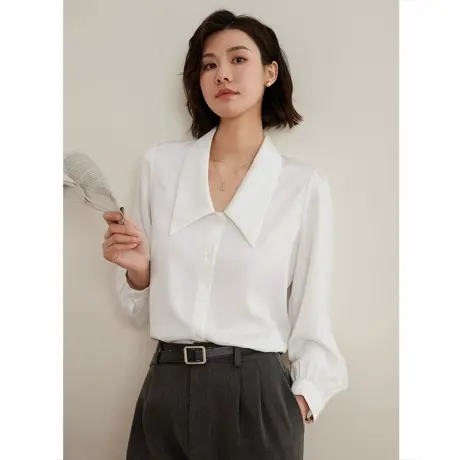 弥古2025春款女装白色尖领正肩衬衫女上衣长袖气质高级感法式衬衣商品大图
