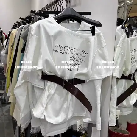 韩国东大门夏季新款美式印花字母配腰带宽松斜领露肩短袖T恤上衣商品大图