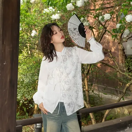 YEP设计感印花白衬衫女夏季新款立领国风小衫复古蝴蝶新中式上衣图片