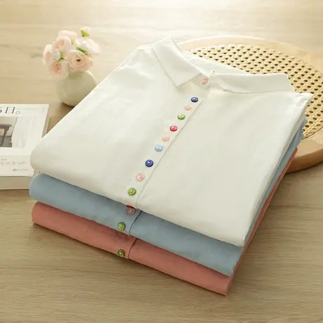 夏季韩版文艺双层棉纱彩扣中袖白衬衫女宽松休闲五分袖上衣小清新商品大图