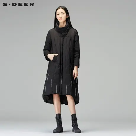 sdeer圣迪奥2018冬装新款绣线飘带条纹长款A字羽绒服女S17482434图片