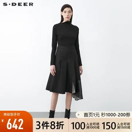 sdeer圣迪奥2021冬装新款不规则领印花拼接长袖连衣裙S21481203🎟商品大图