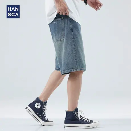 hansca牛仔短裤男夏季丹宁水洗潮牌宽松直筒阔腿大码休闲五分裤子商品大图