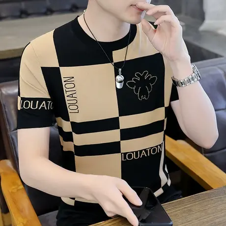 潮流高端针织短袖t恤男修身烫钻夏季薄款冰丝男士格子半袖体恤衫图片