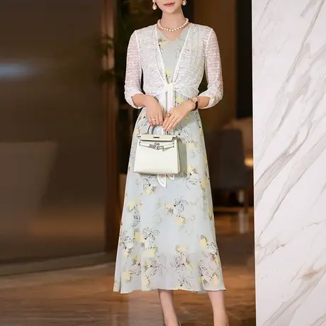 印花雪纺连衣裙两件套2025夏季新款气质时尚修身蕾丝防晒外搭套装商品大图