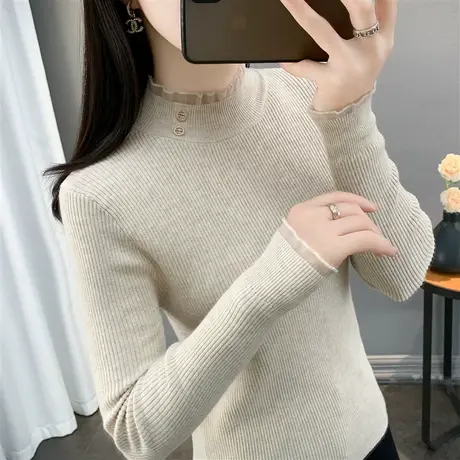 洋气钻扣蕾丝半高领打底衫女秋冬软糯亲肤修身显瘦内搭针织衫上衣商品大图