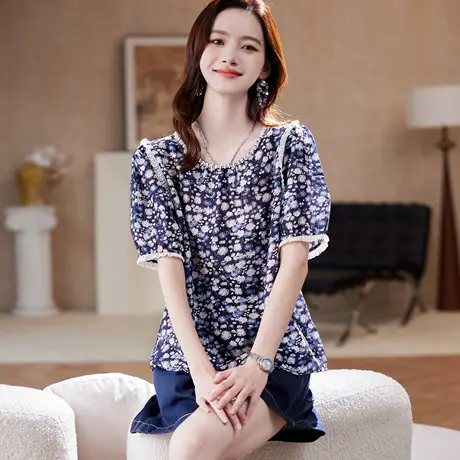 宝诗黎【新品价198元】圆领钉珠印花短袖衬衫JT1163图片