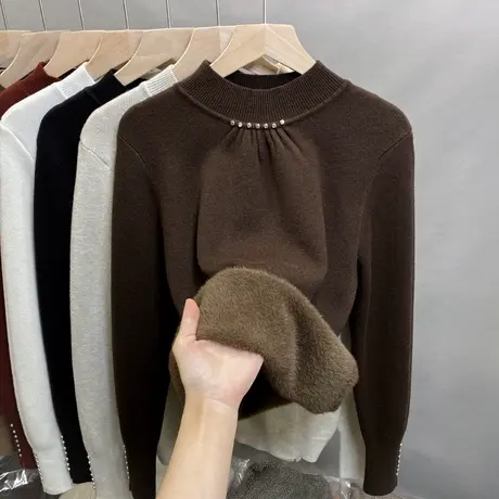 一体绒半高领毛衣女加绒加厚打底衫2024秋冬新款针织衫内搭上衣潮商品大图