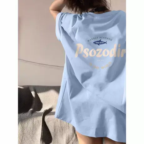 天蓝色纯棉落肩短袖T恤女夏季2025新款多巴胺穿搭宽松半袖上衣潮商品大图