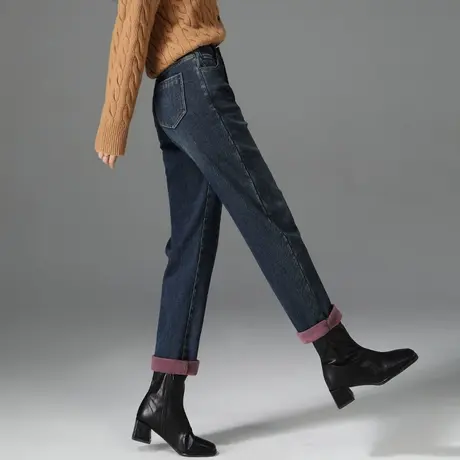 秋冬加绒牛仔裤女2024冬季新款高腰显瘦老爹哈伦裤宽松九分萝卜裤商品大图