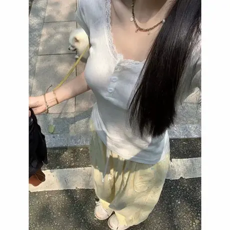 蕾丝花边短袖T恤女夏季韩版修身显瘦打底衫内搭外穿chic甜辣上衣商品大图