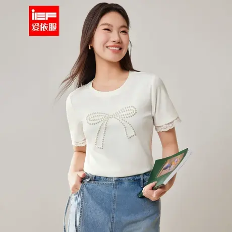 IEF/爱依服大码女装2025夏季新款微胖法式甜美风蝴蝶结设计T恤女图片