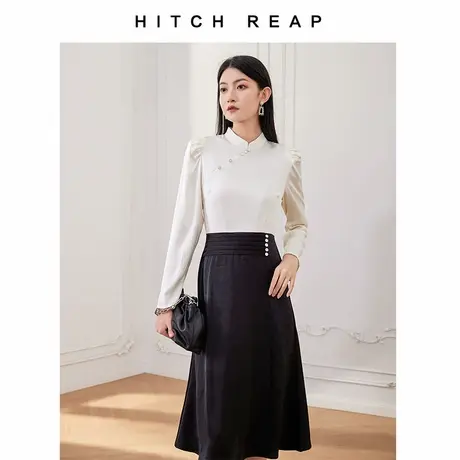 希区瑞普新中式国风连衣裙撞色拼接假两件春秋气质收腰显瘦中长款商品大图