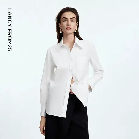 朗姿经典简约翻领长袖通勤OL衬衫职业白色上衣2025年秋季新款图片