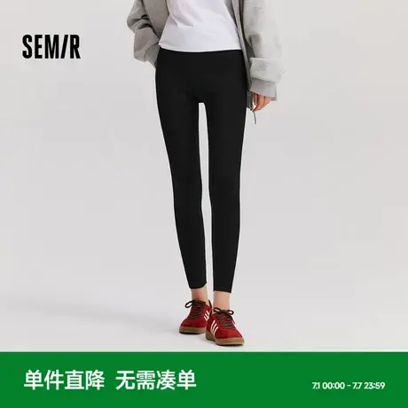 森马休闲裤女加绒九分鲨鱼裤高弹2024冬季新款黑色修身小脚裤百搭商品大图