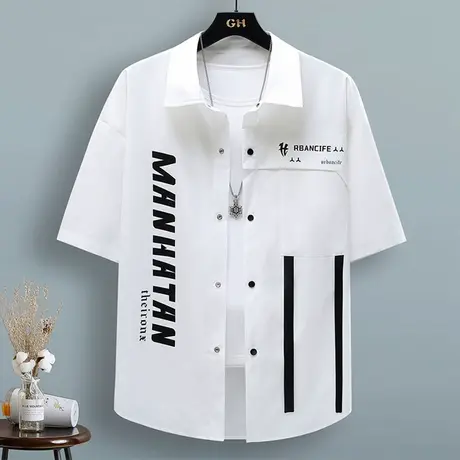 工装短袖衬衫男夏季冰丝凉感半袖男青少年字母印花白色休闲衬衣服商品大图
